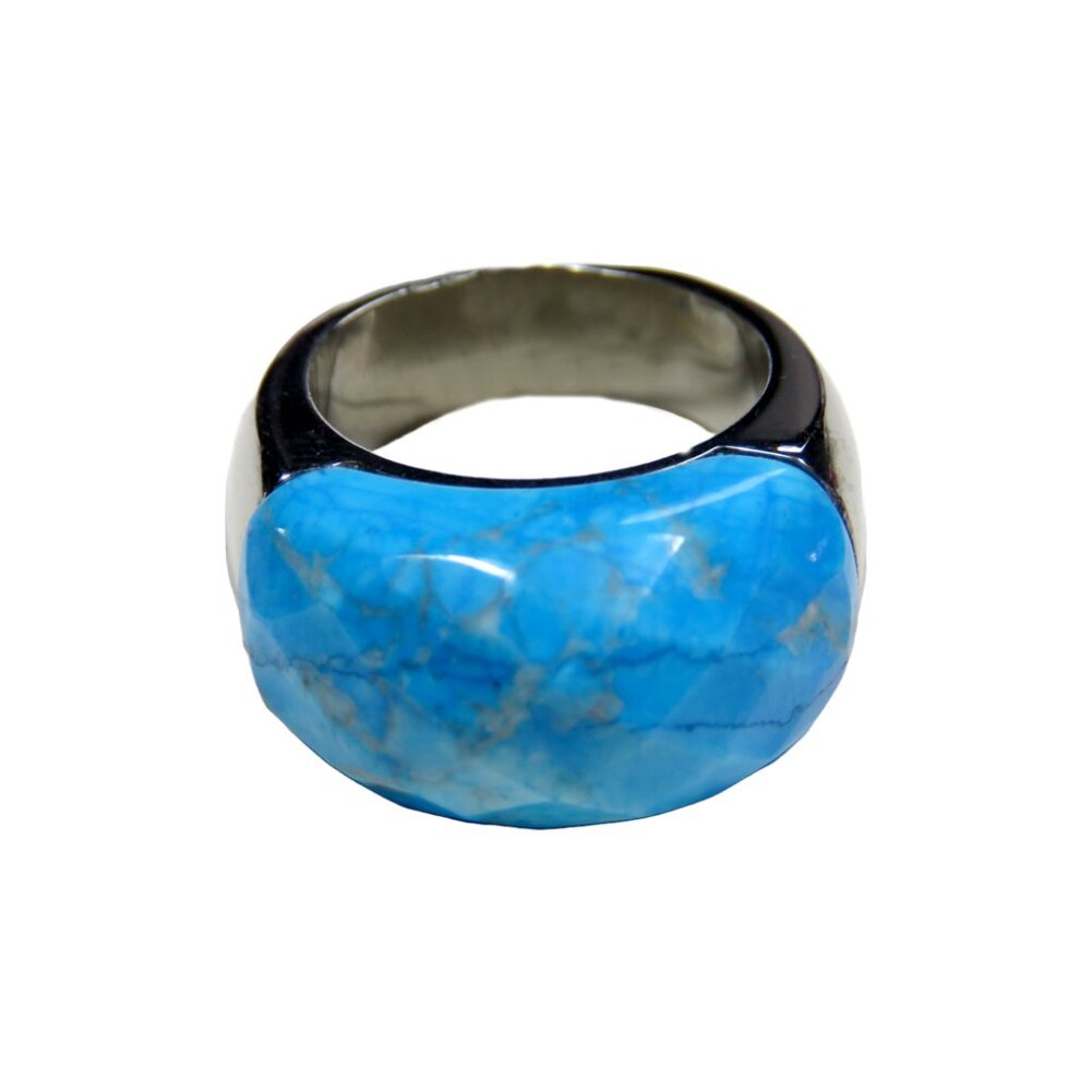 Inox Women's Polished Stainless Steel Ring with Teal Stone, Size 6